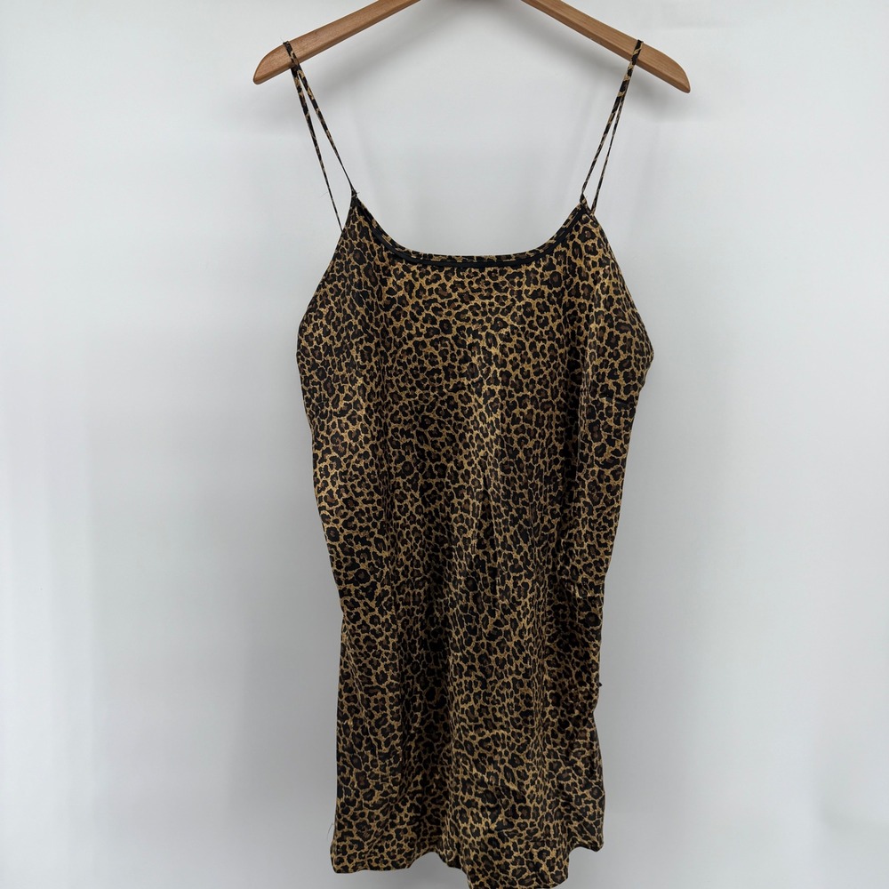 Gilligan & O'Malley Leopard Print Satin Chemise Nightgown Large Brown Animal vtg